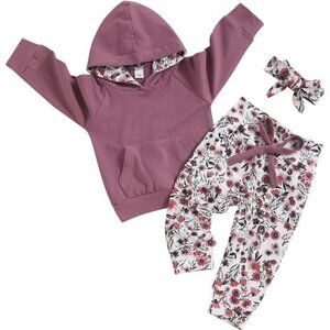 Baby Girl Fall Hoodie Tops Floral Pant with Cute Headband Baby Girl‎ Dresses